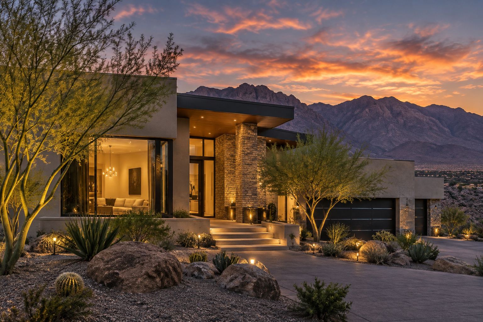 A modern desert home at dusk in Summerlin, Las Vegas, illustrative