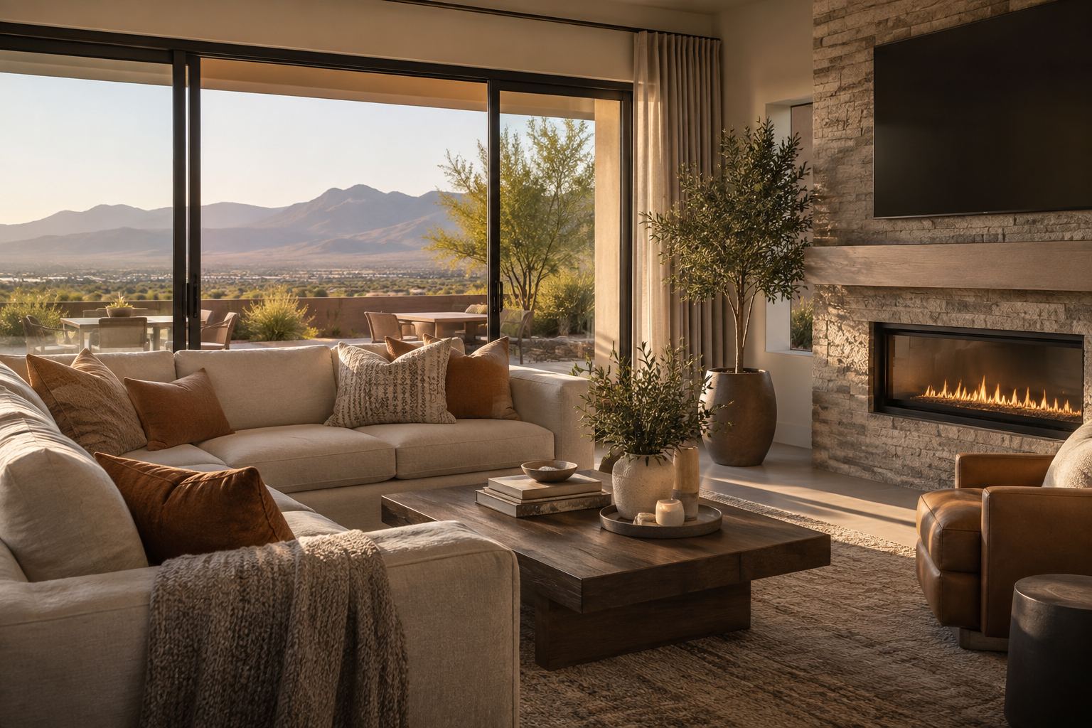 A warm modern Las Vegas living room, illustrative